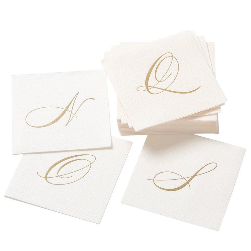 Caspari White Pearl & Gold Paper Linen Boxed Cocktail Napkins in Letter P - Pack of 30 - Image 3